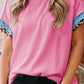 Pink Leopard Patchwork Corded Knit Crew Neck T Shirt