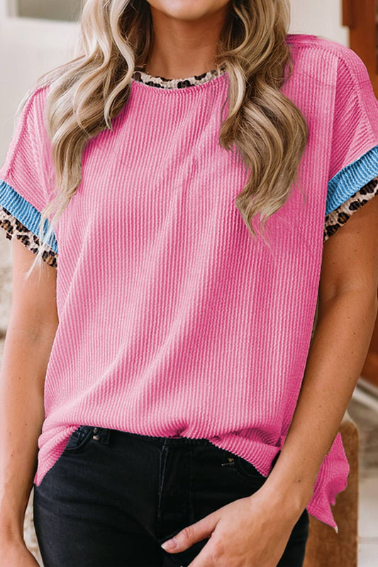 Pink Leopard Patchwork Corded Knit Crew Neck T Shirt