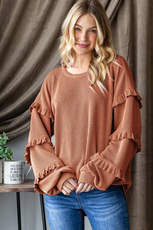 Coral Ruffle Sleeve Long Sleeve Top