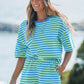 Green Striped Dropped Shoulder Tee Loose 2pcs Short Set