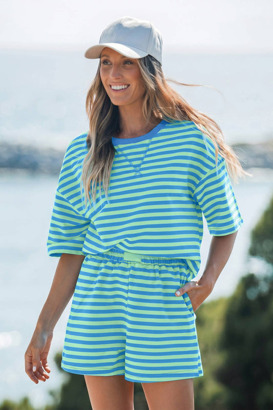 Green Striped Dropped Shoulder Tee Loose 2pcs Short Set