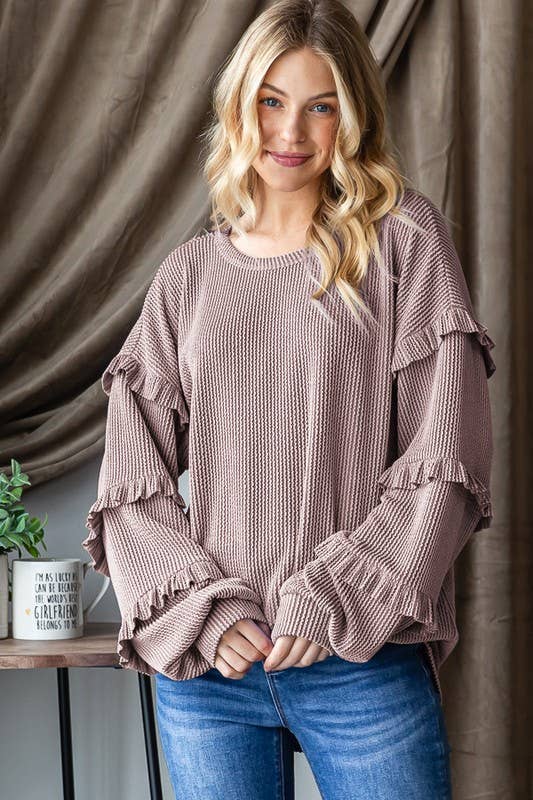 Coral Ruffle Sleeve Long Sleeve Top