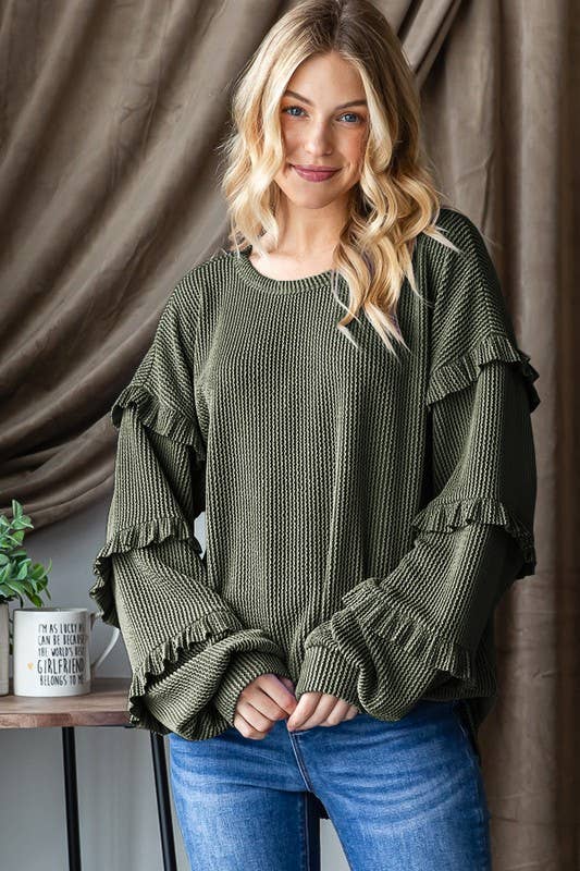 Coral Ruffle Sleeve Long Sleeve Top
