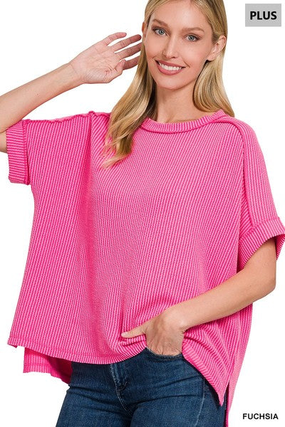 Fuchsia Plus Ribbed Cuff Sleeve Top
