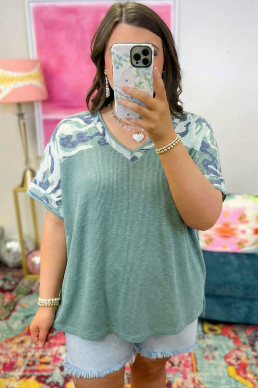 PLUS Green Ribbed Camo Patchwork Top