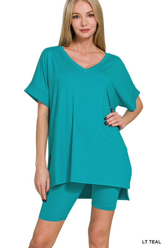 Lt Teal Brushed Microfiber V-Neck Top and Biker Shorts Set