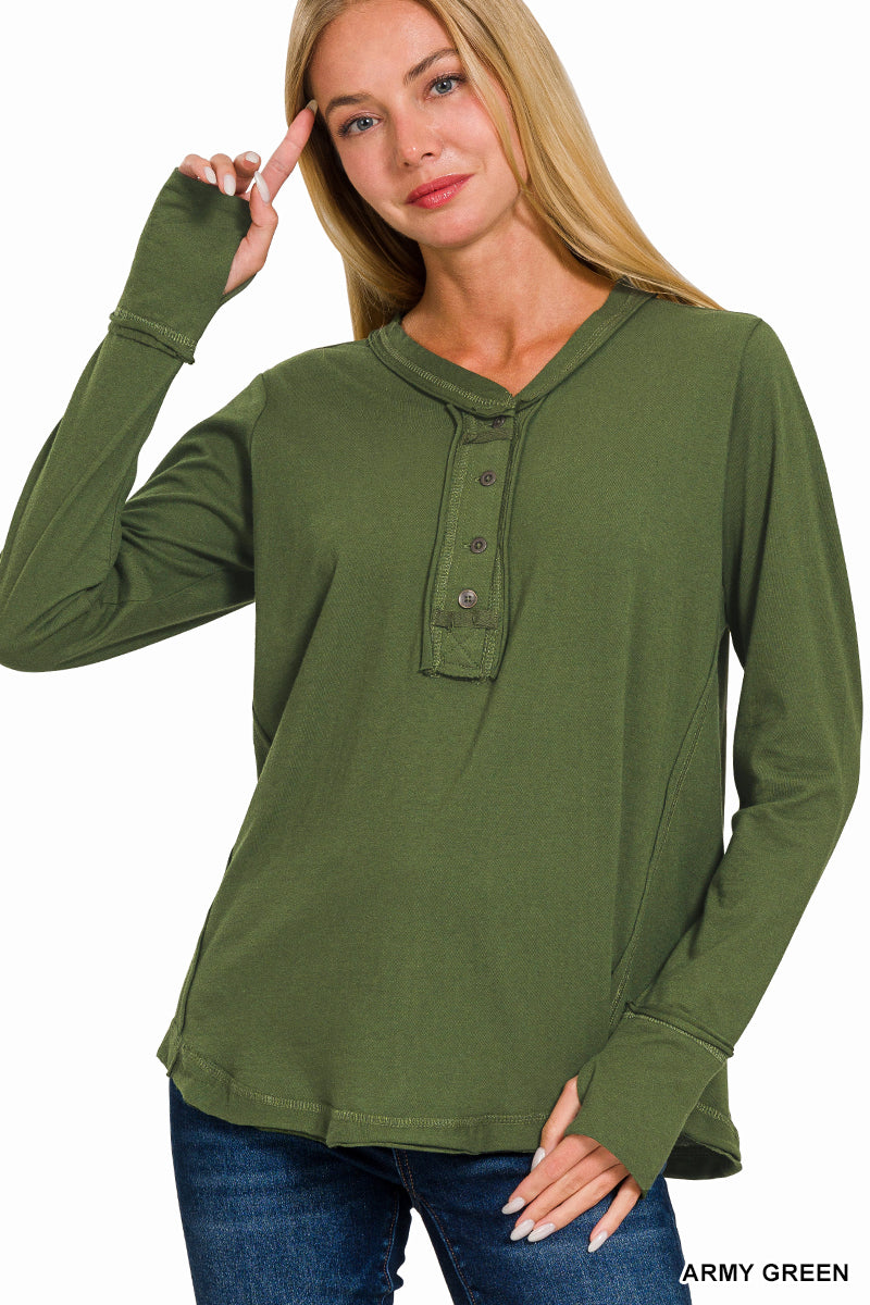 Army Green Long Sleeve Button Top with Thumb Holes
