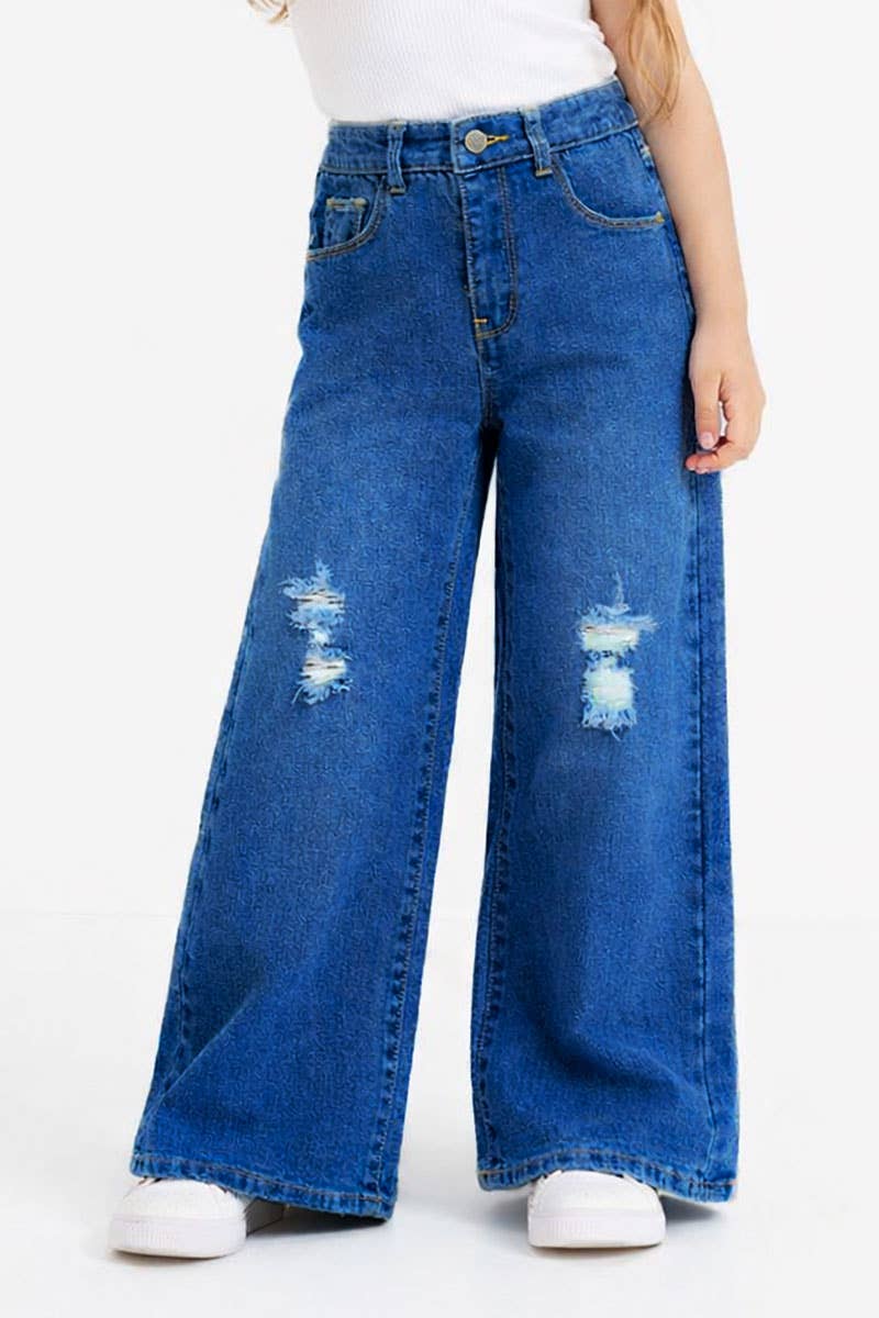 Girls Wide Leg Denim Jeans w/ Distress