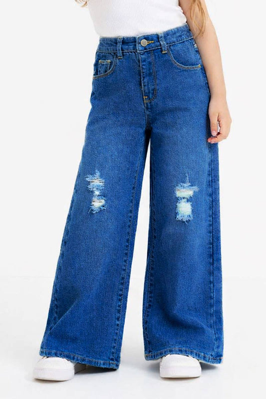 Girls Wide Leg Denim Jeans w/ Distress