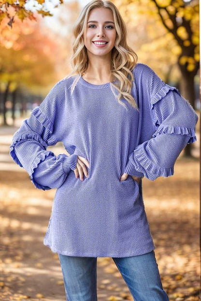 Coral Ruffle Sleeve Long Sleeve Top