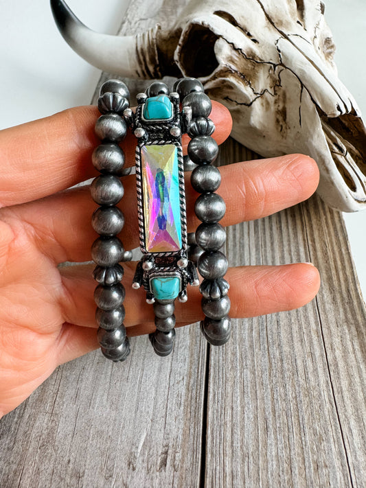 TURQUOISE WESTERN STYLE BEADED BRACELET SET