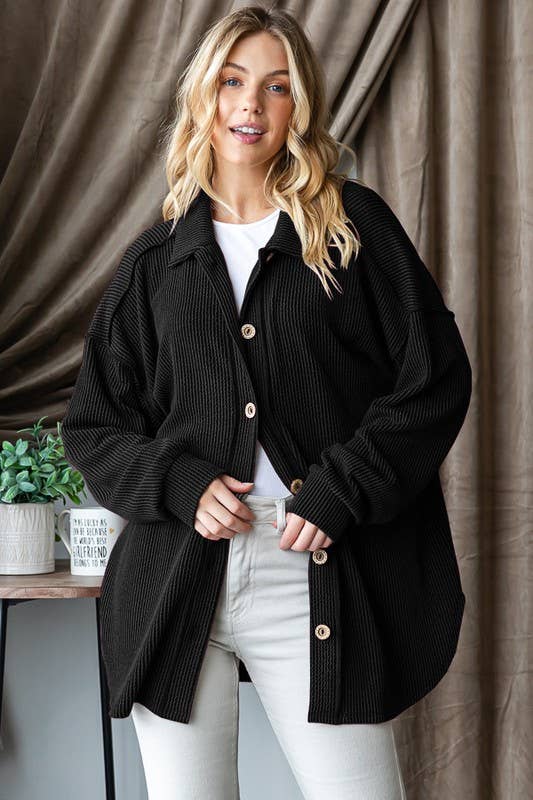 Black Ribbed Button Up Schacket