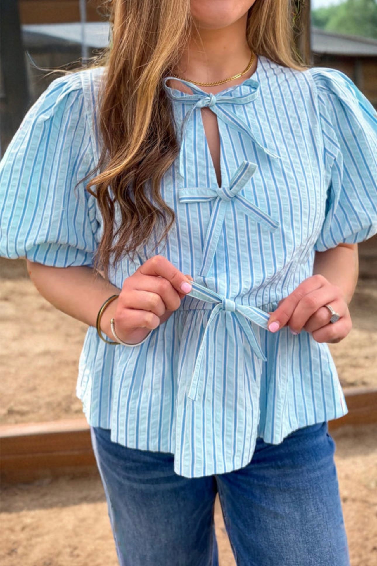 Sky Blue Babydoll Top with Ties & Puff Sleeves