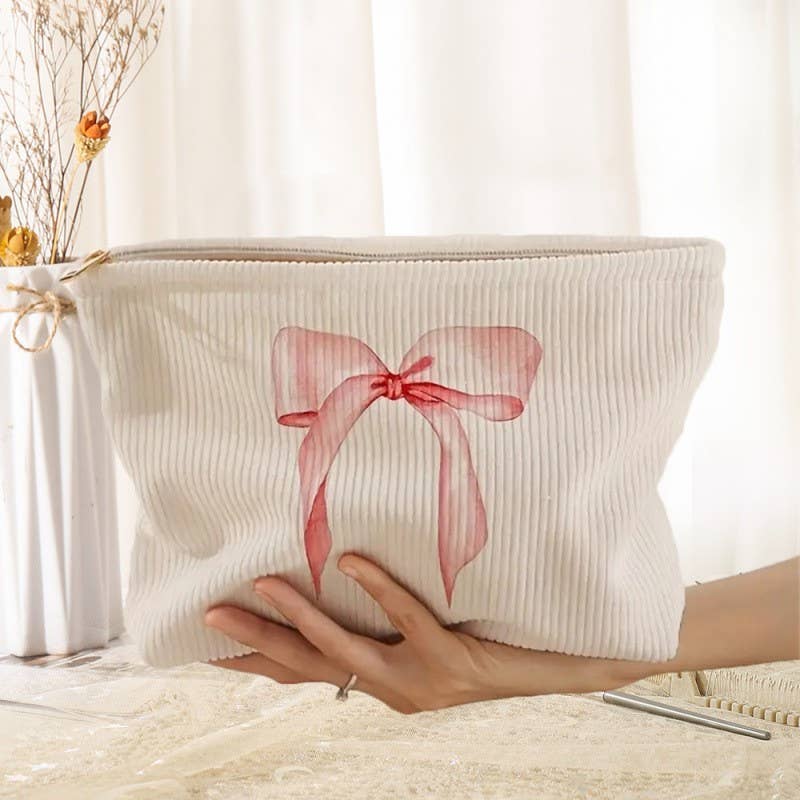 TRAVEL CHECKER BOW COSMETIC MAKEUP POUCH BAG | 40P551: Pink