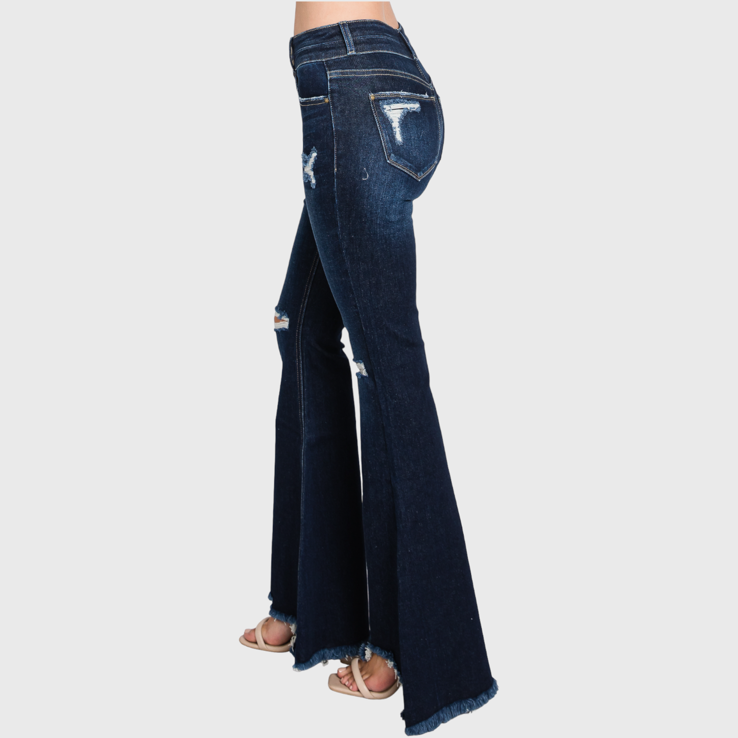 Petite Dark Washed Distressed Flare Jeans