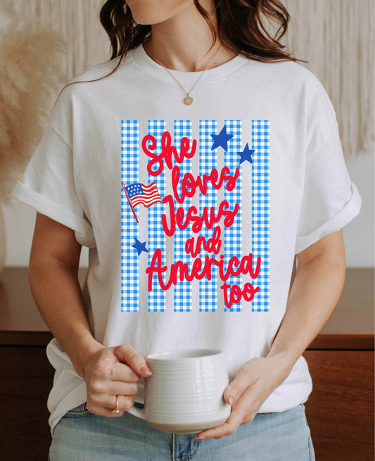 She Loves Jesus & America Too Patriotic Graphic Tee