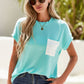 Light Blue Corded Knit Color Block Pocketed Crew Neck T Shirt