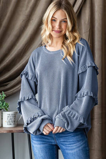 Coral Ruffle Sleeve Long Sleeve Top