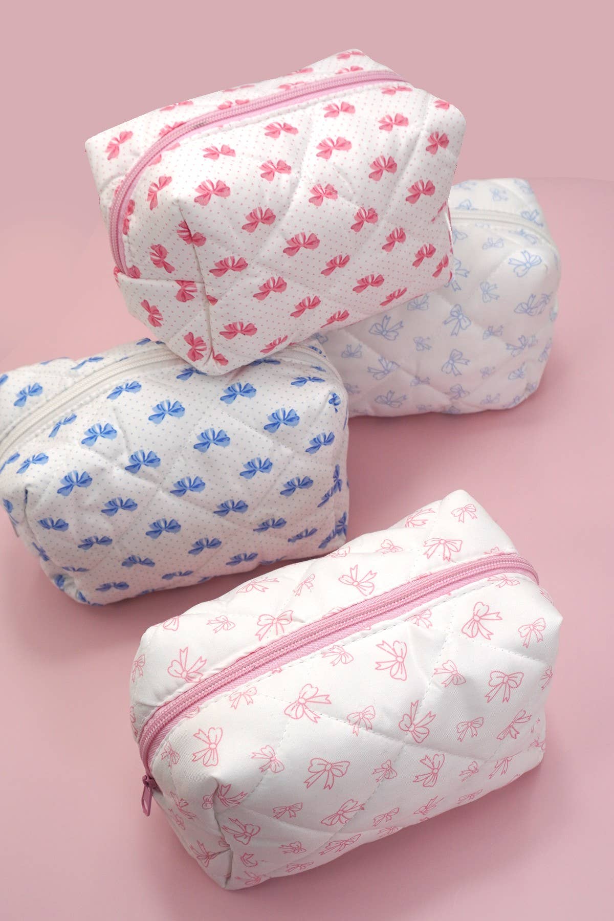 BLUE BOW QUILTED COTTON BOW COSMETIC POUCH BAG