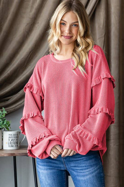 Coral Ruffle Sleeve Long Sleeve Top