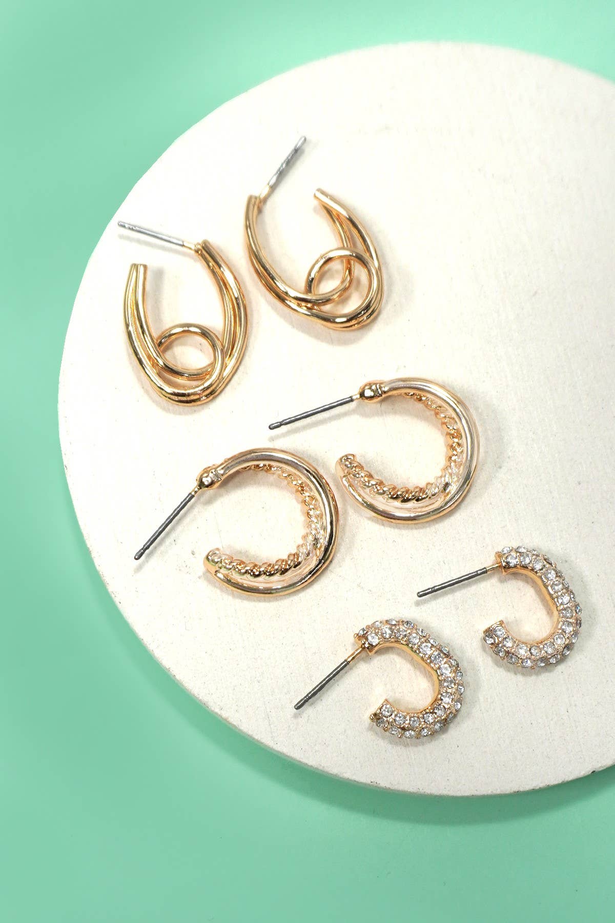 TRIO HUGGIE HOOP RHINESTONE TITANIUM POST EARRINGS | 80E5807: GOLD