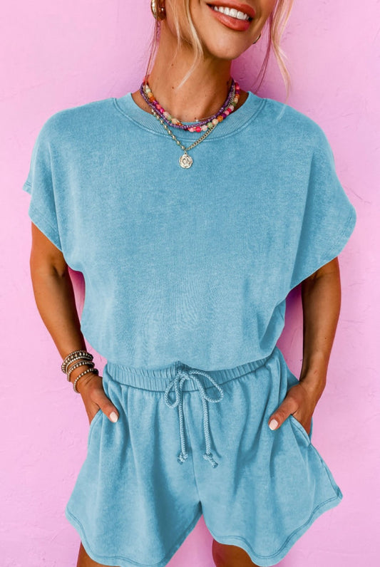 Blue mineral wash open back romper