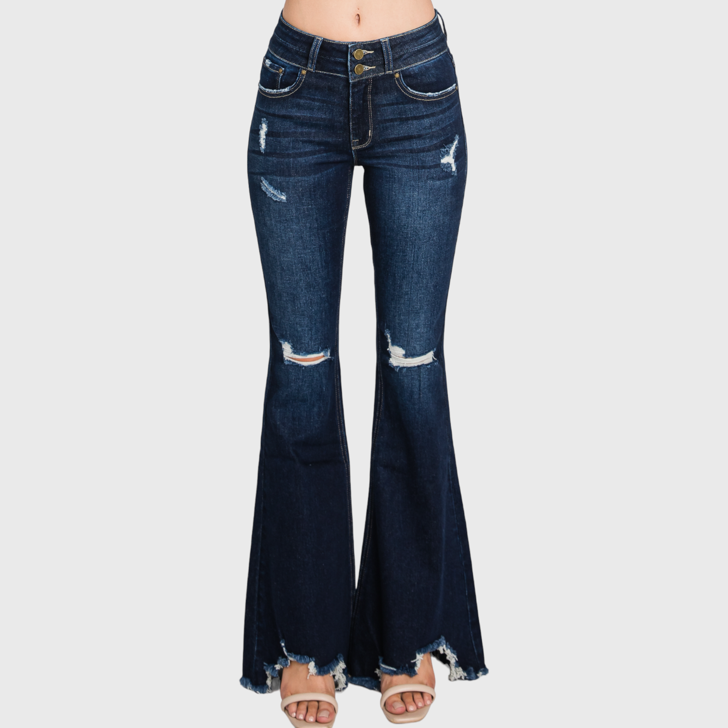 Petite Dark Washed Distressed Flare Jeans