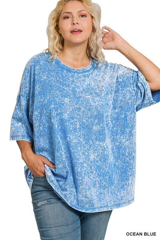 Ocean Blue Plus Acid Wash Boyfriend Tee
