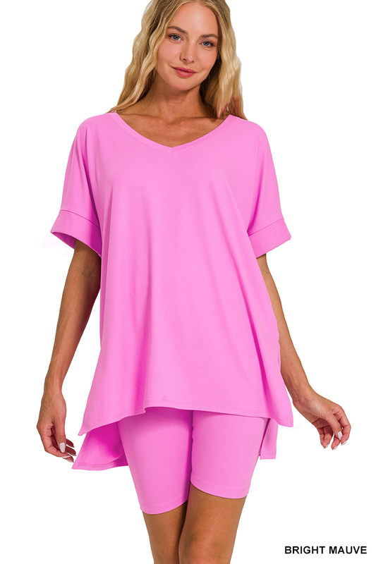 Bright Mauve Brushed Microfiber V-Neck Top and Biker Shorts Set