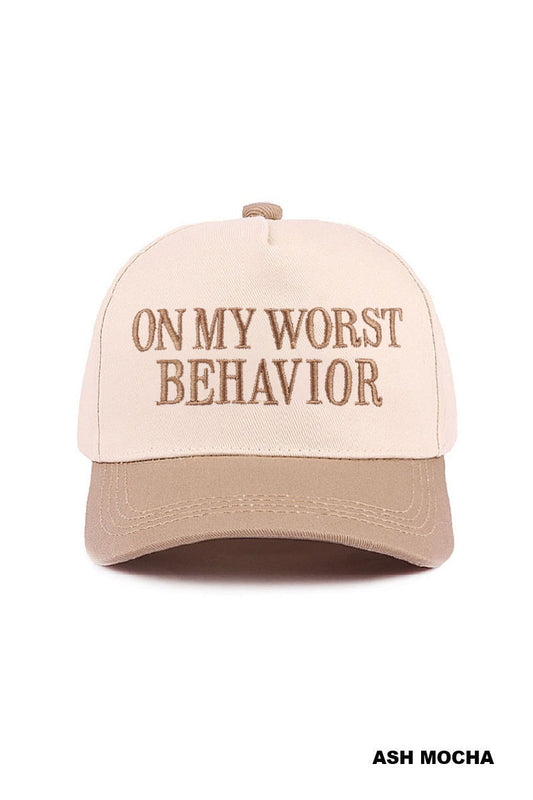 On My Worst Behavior Tan Trucker Hat