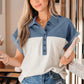 Denim & Light Gray Color Block Button Up Top