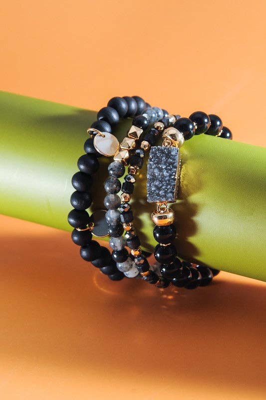 BLACK DRUZY WOOD NATURAL BEAD 4 ROW STRETCH BRACELET SET