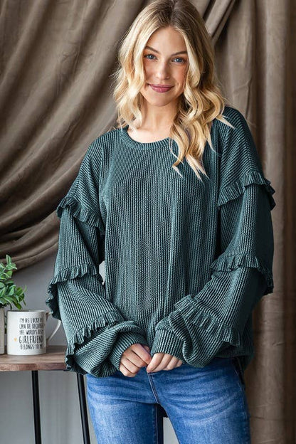 Coral Ruffle Sleeve Long Sleeve Top