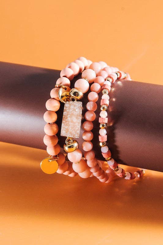 PEACH DRUZY WOOD NATURAL BEAD 4 ROW STRETCH BRACELET SET