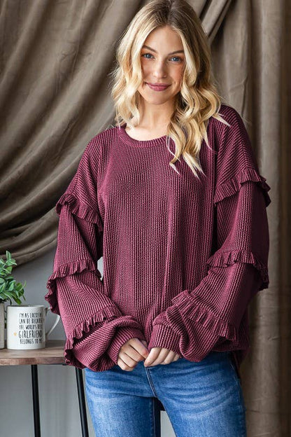 Coral Ruffle Sleeve Long Sleeve Top