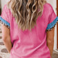 Pink Leopard Patchwork Corded Knit Crew Neck T Shirt