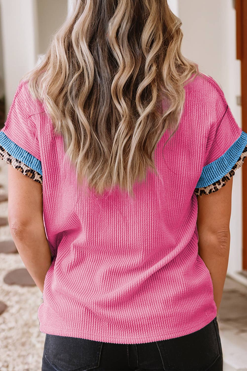 Pink Leopard Patchwork Corded Knit Crew Neck T Shirt