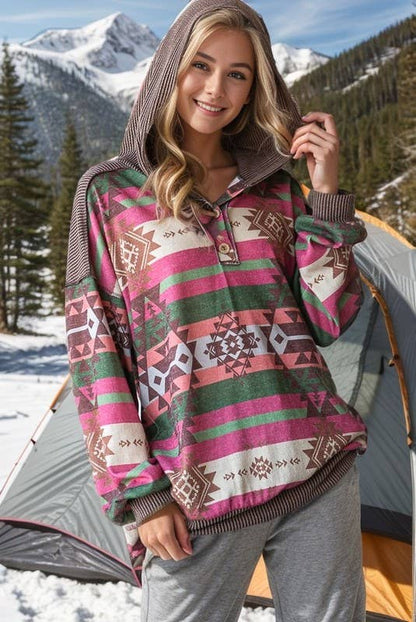 Aztec Print Hooded Long Sleeve Top