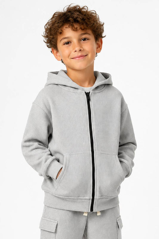 Boys' Grey Soft Waffle Knit Zip-Up Jacket
