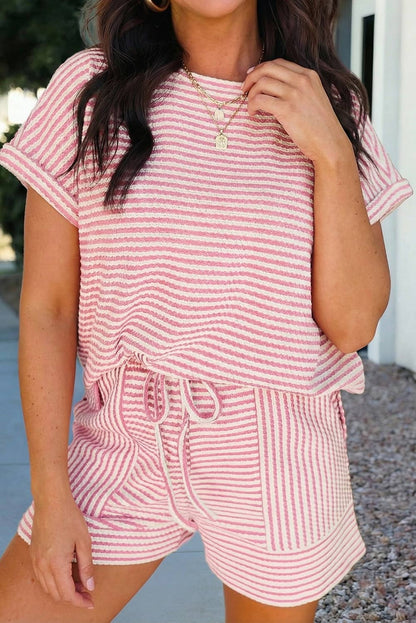 Pink Stripe Textured Knit Short 2pcs Set