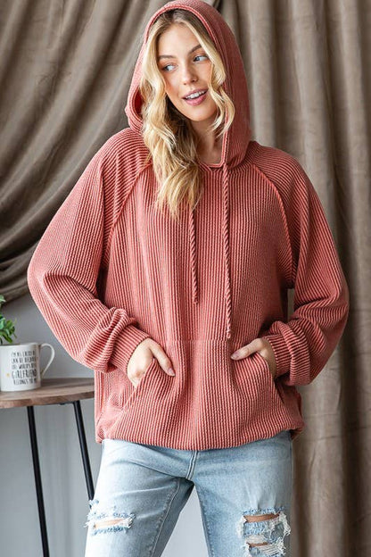 Cinnamon Long Sleeve Ribbed Hoodie Top