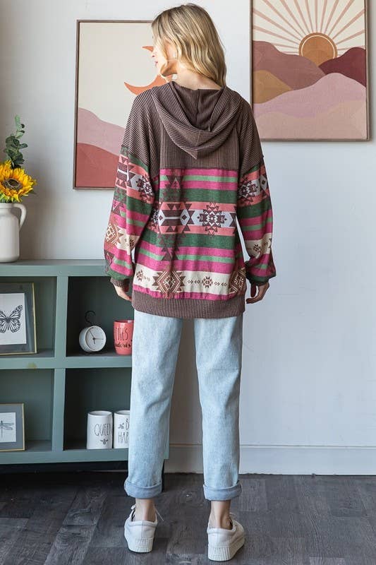 Aztec Print Hooded Long Sleeve Top