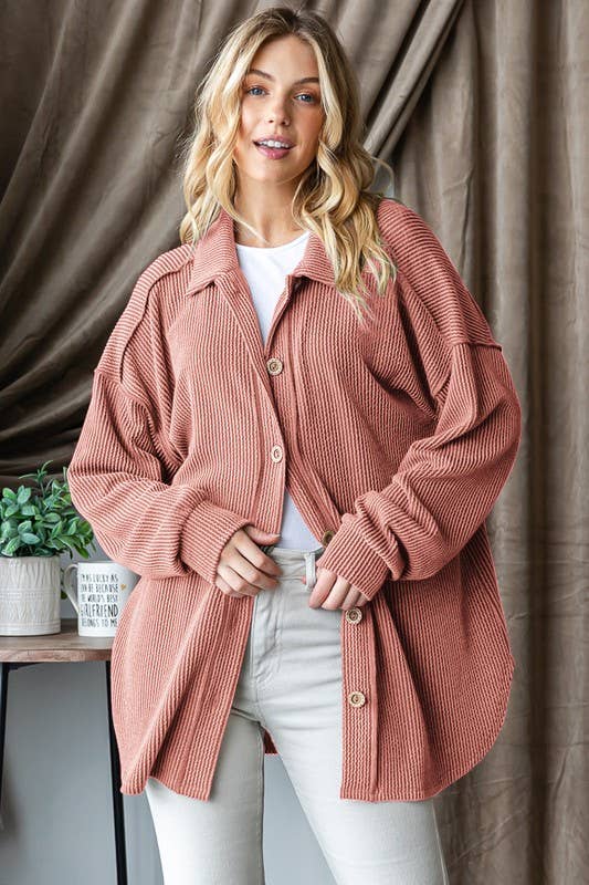 Cinnamon Ribbed Button Up Schacket