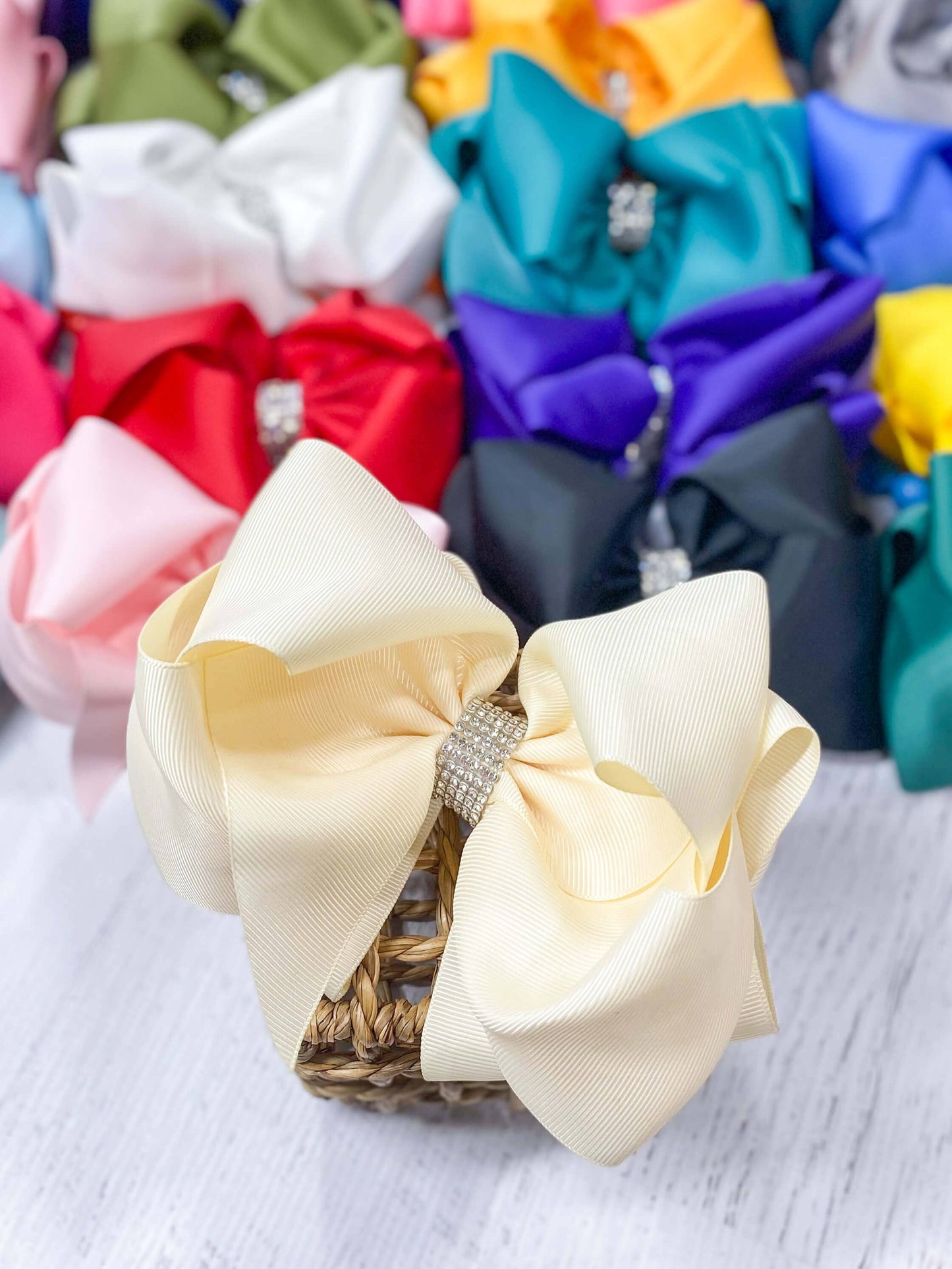 Texas Size Rhinestone Center Knot Hair Bows: Ivory