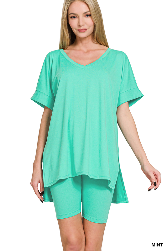 Mint Brushed Microfiber V-Neck Top and Biker Shorts Set