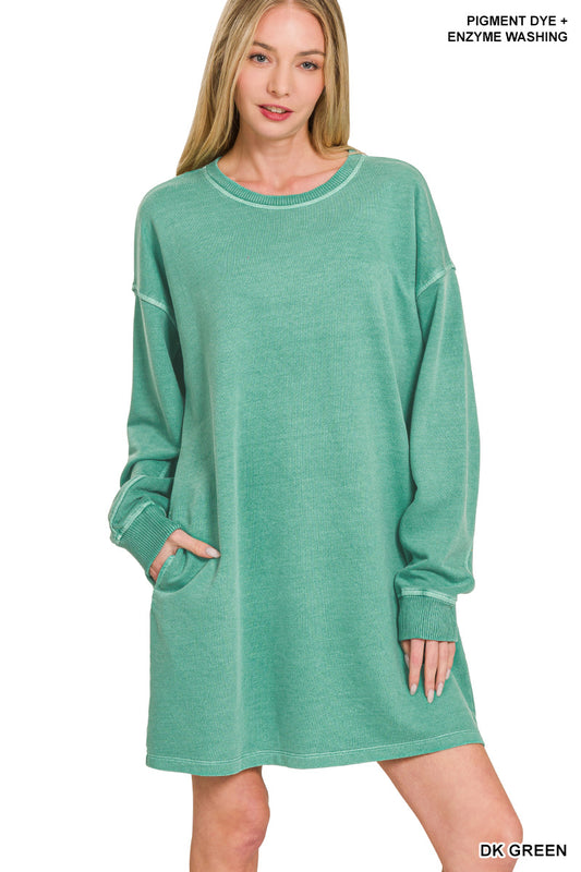 Green Oversized Pigment Dyed Long Sleeve Dress