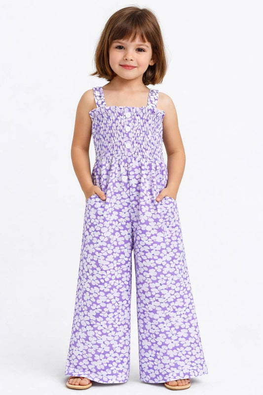 Kids Purple Romper w/ Smocking & Side Pockets