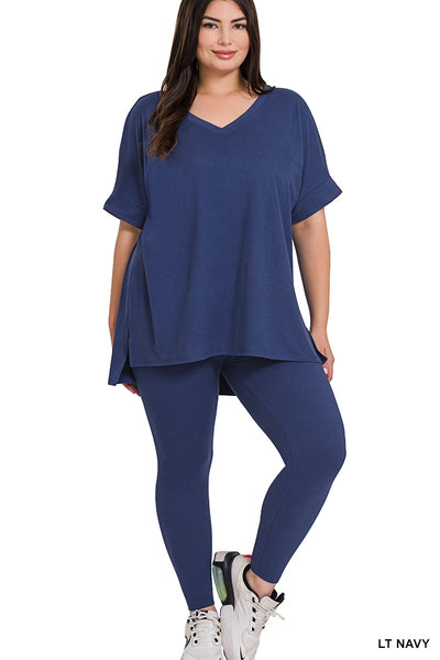Navy Microfiber Leggings Set with Short Sleeve Top