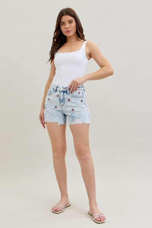 Hi-Waist Cherry Embroidered Judy Blue Shorts