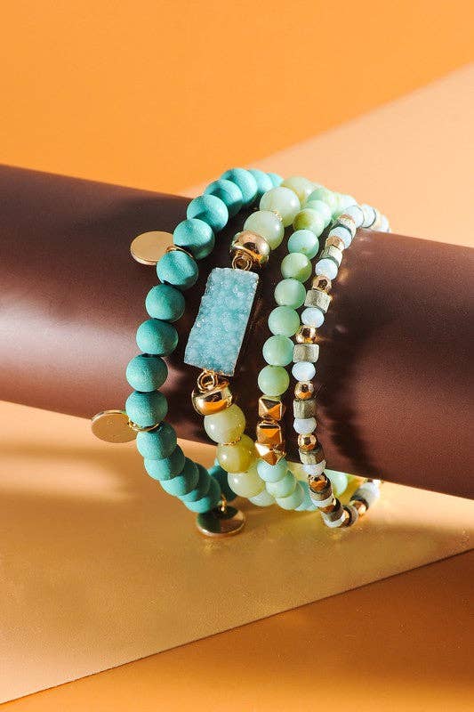 TURQUOISE DRUZY WOOD NATURAL BEAD 4 ROW STRETCH BRACELET SET